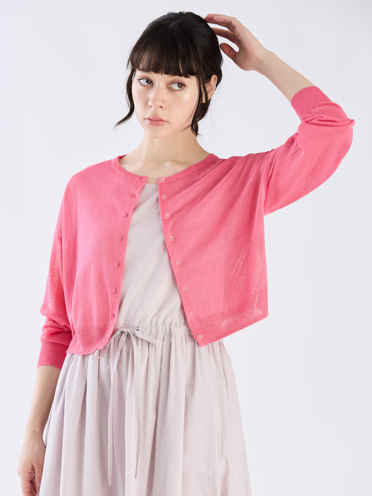 To b. by agnès b. シアー ニット ロングスリーブ カーディガン ピンク