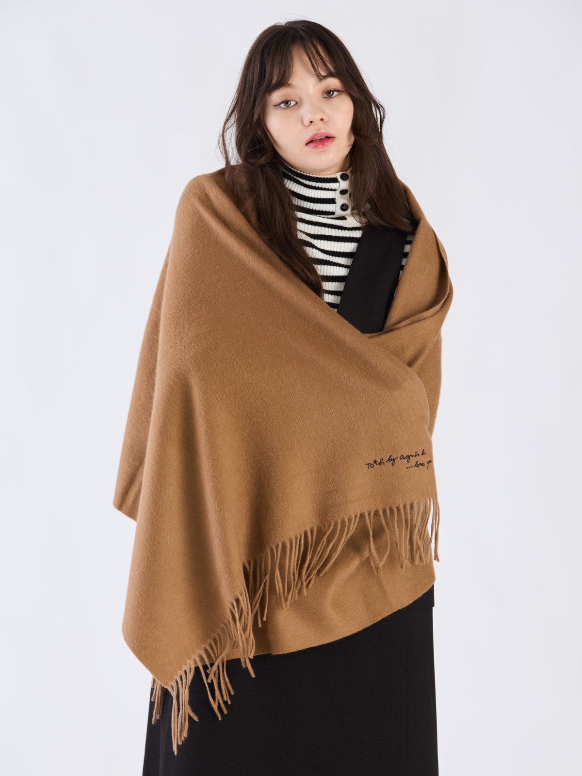 To b. by agnès b. ロゴ刺繍 ウール カシミア マフラー ブラウン