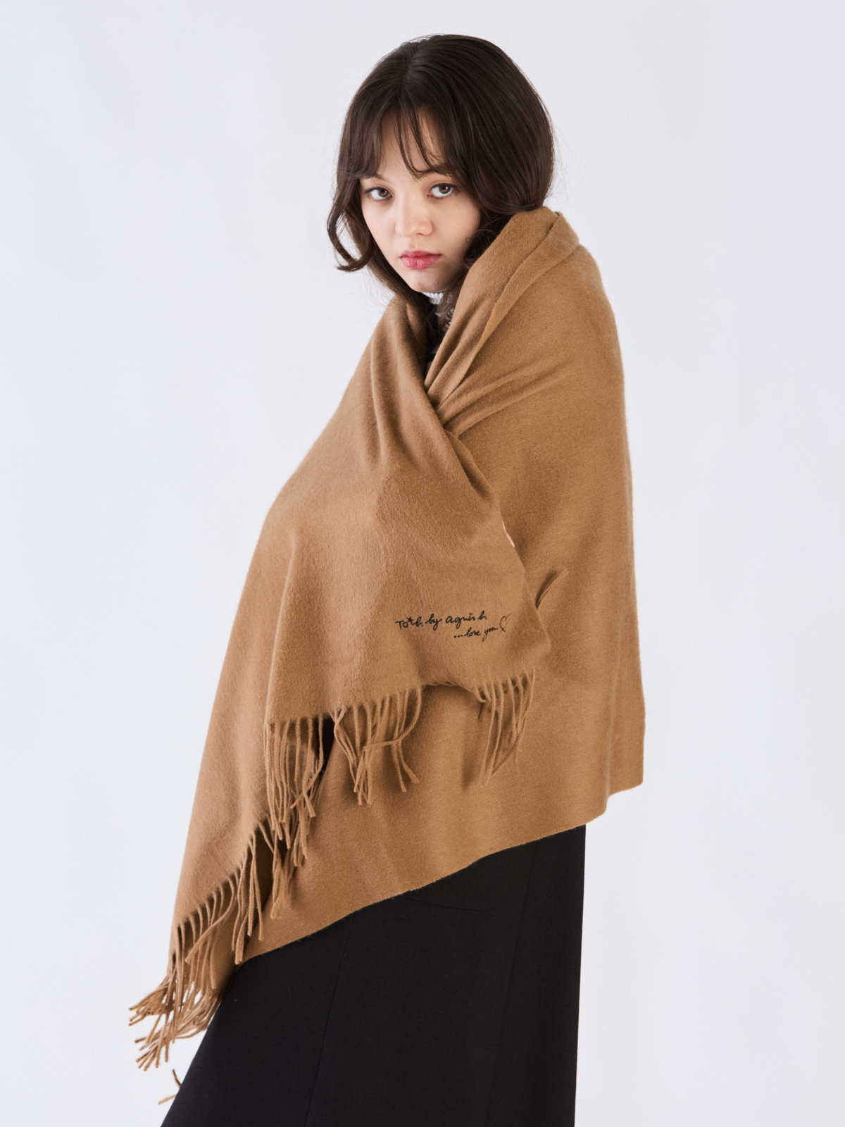 To b. by agnès b. ロゴ刺繍 ウール カシミア マフラー ブラウン