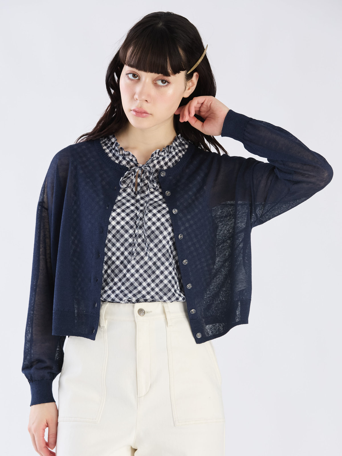 To b. by agnès b. シアー ニット ロングスリーブ カーディガン ネイビー