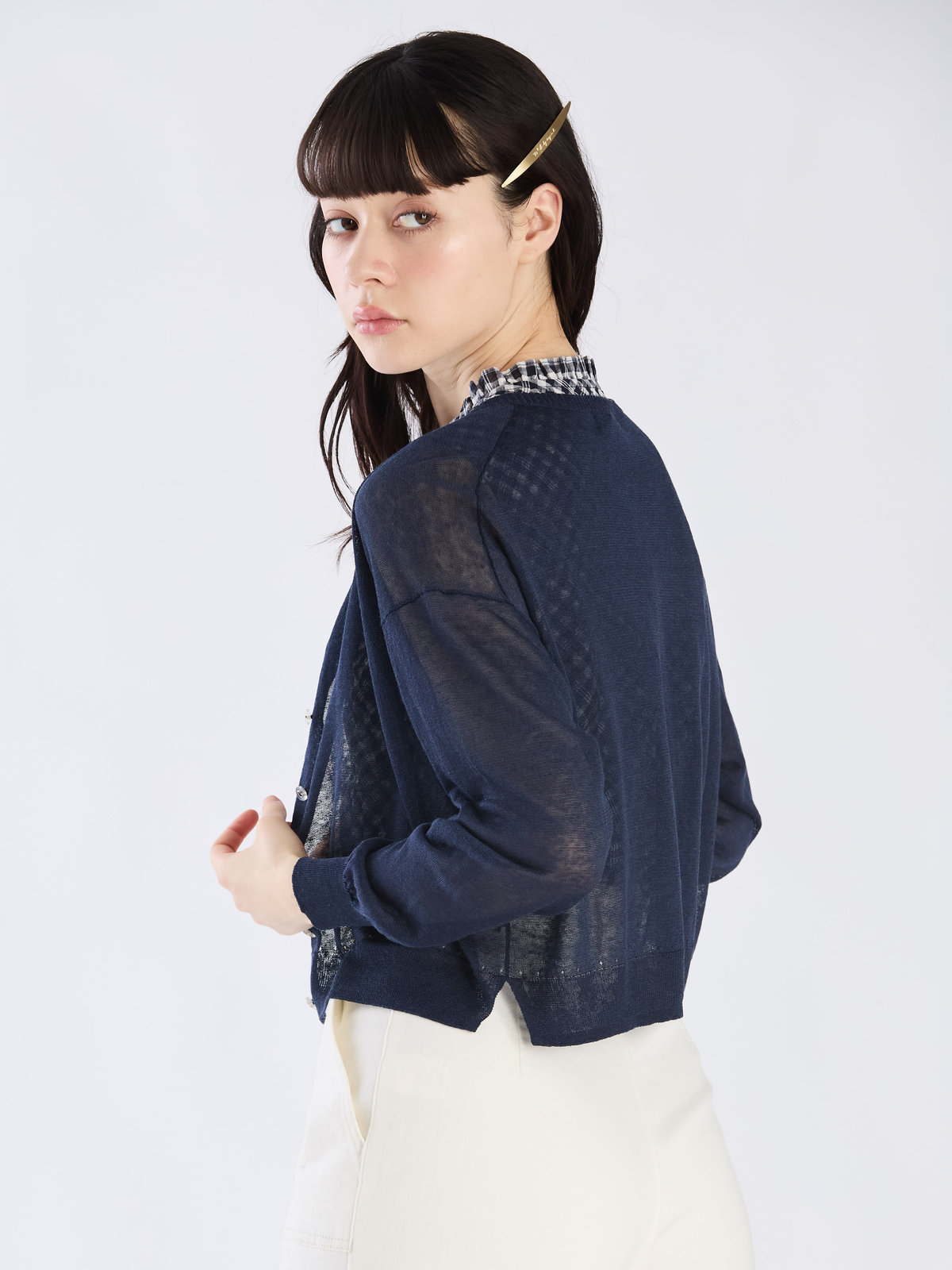 To b. by agnès b. シアー ニット ロングスリーブ カーディガン ネイビー