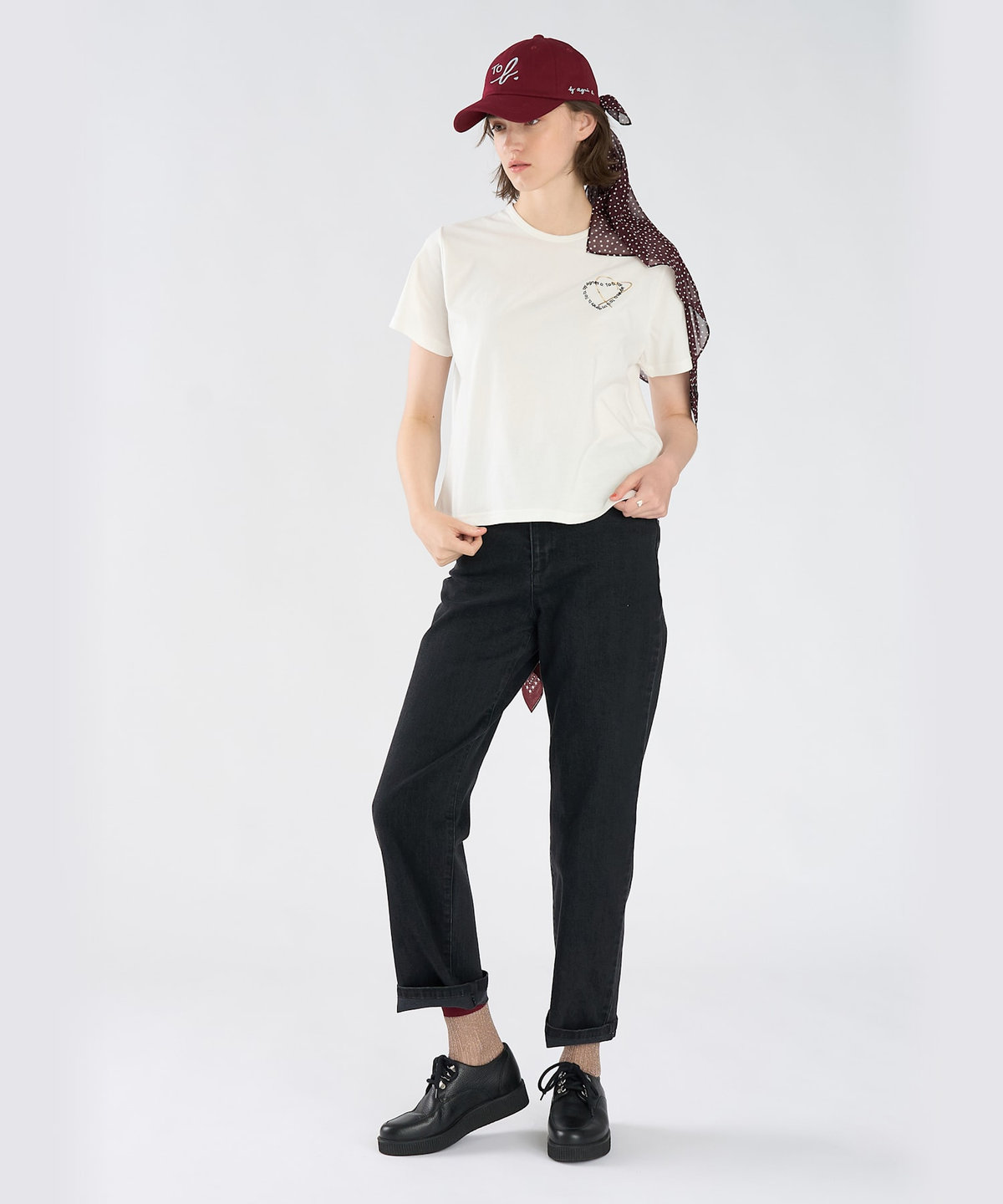 To b. by agnès b. ロゴ刺繍 ハート プリント コットン 半袖 Tシャツ ホワイト