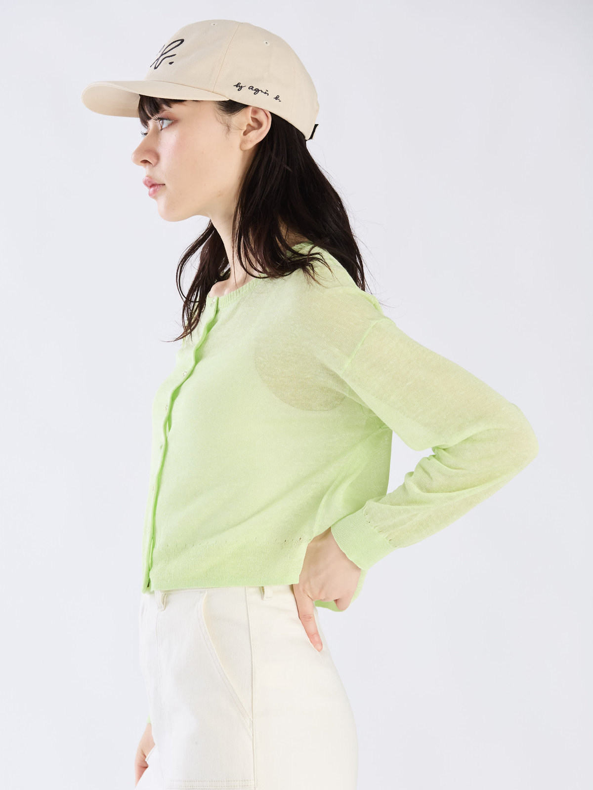 To b. by agnès b. シアー ニット ロングスリーブ カーディガン ライトグリーン