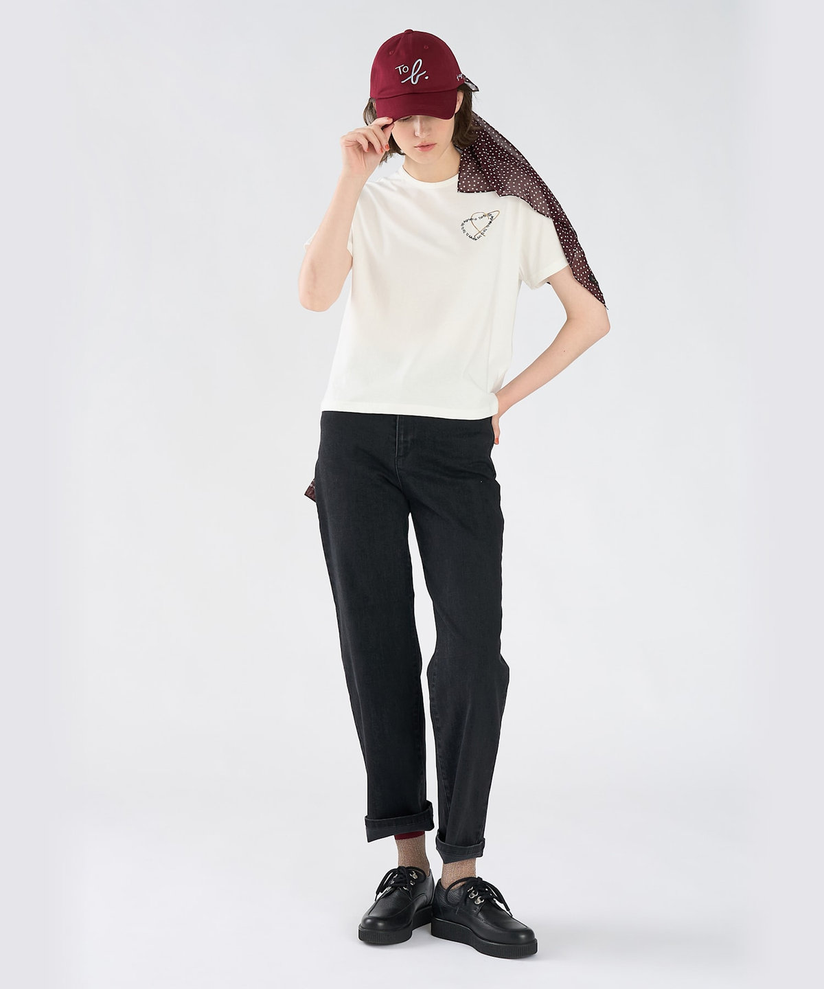 To b. by agnès b. ロゴ刺繍 ハート プリント コットン 半袖 Tシャツ ホワイト