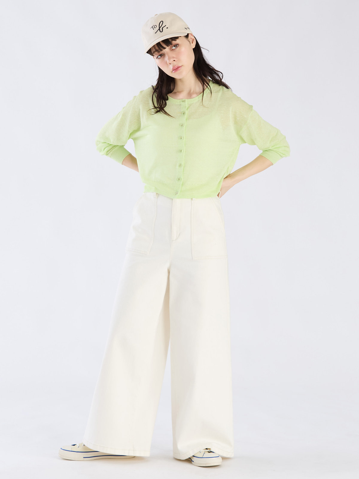 To b. by agnès b. シアー ニット ロングスリーブ カーディガン ライトグリーン