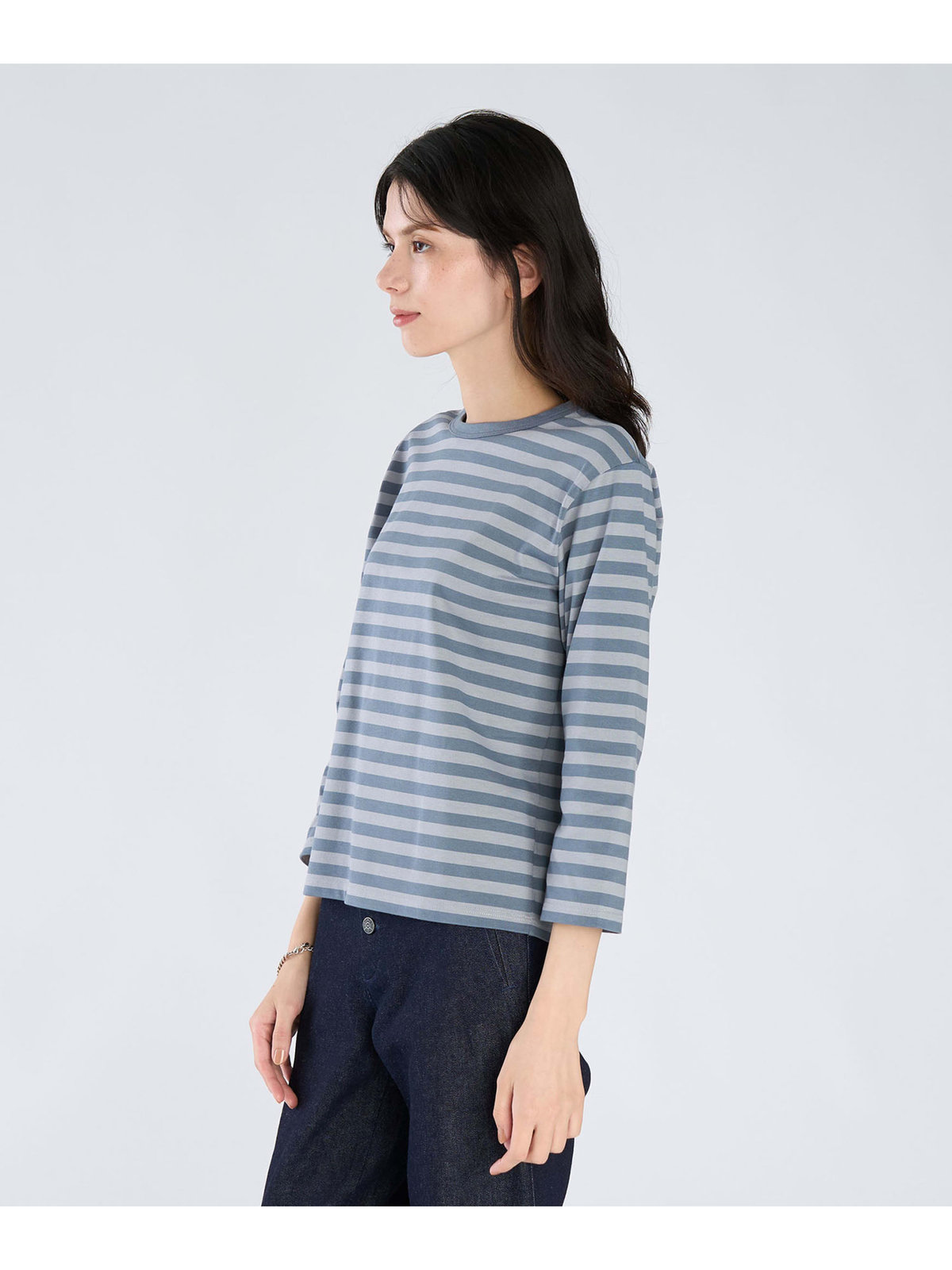 FEMME ウィメンズ 細ボーダー コットン 七分袖 Tシャツ "Lil Cool" ブルーグレー×ライトグレー
