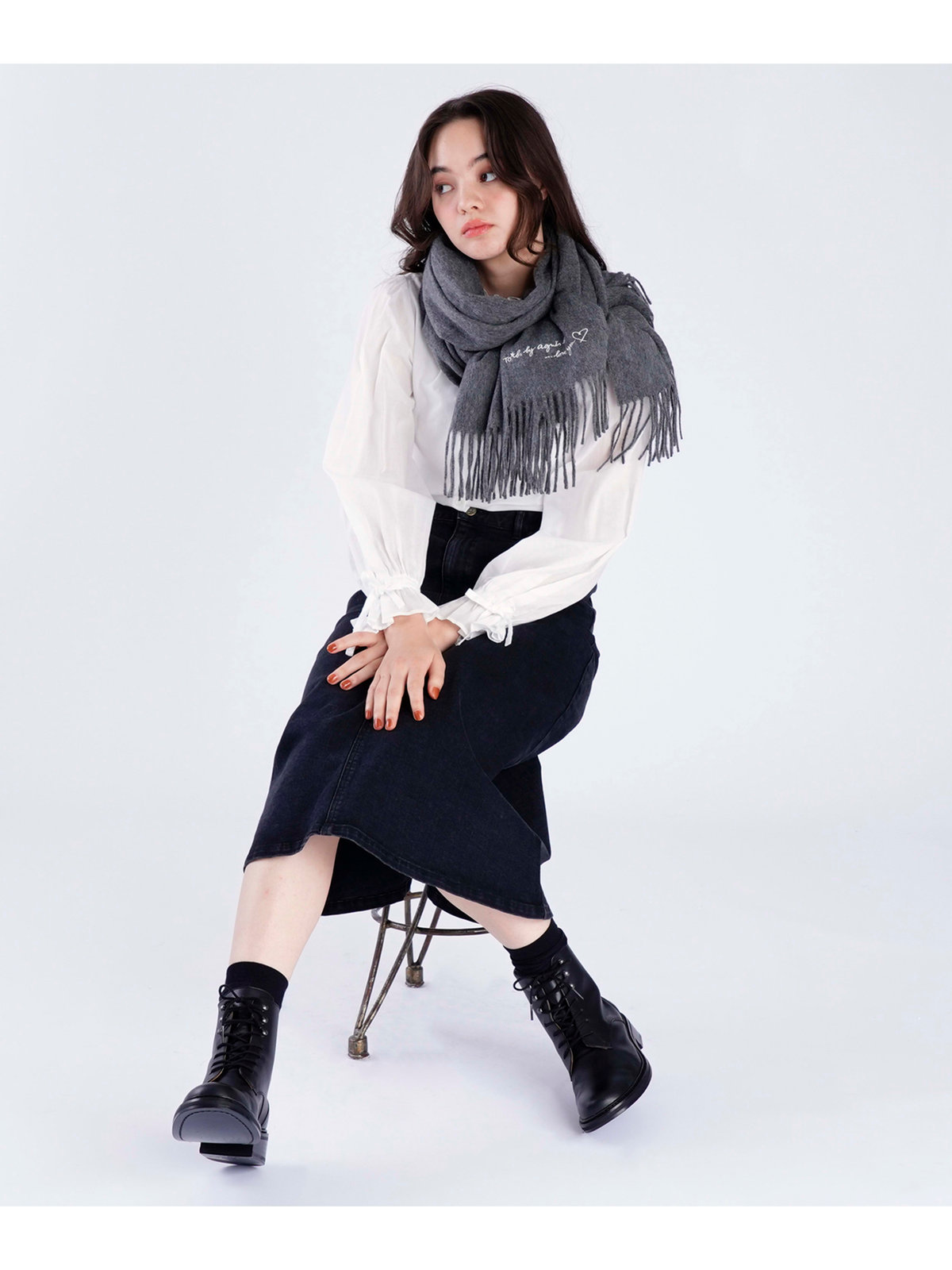 To b. by agnès b. ロゴ刺繍 ウール カシミア マフラー グレー