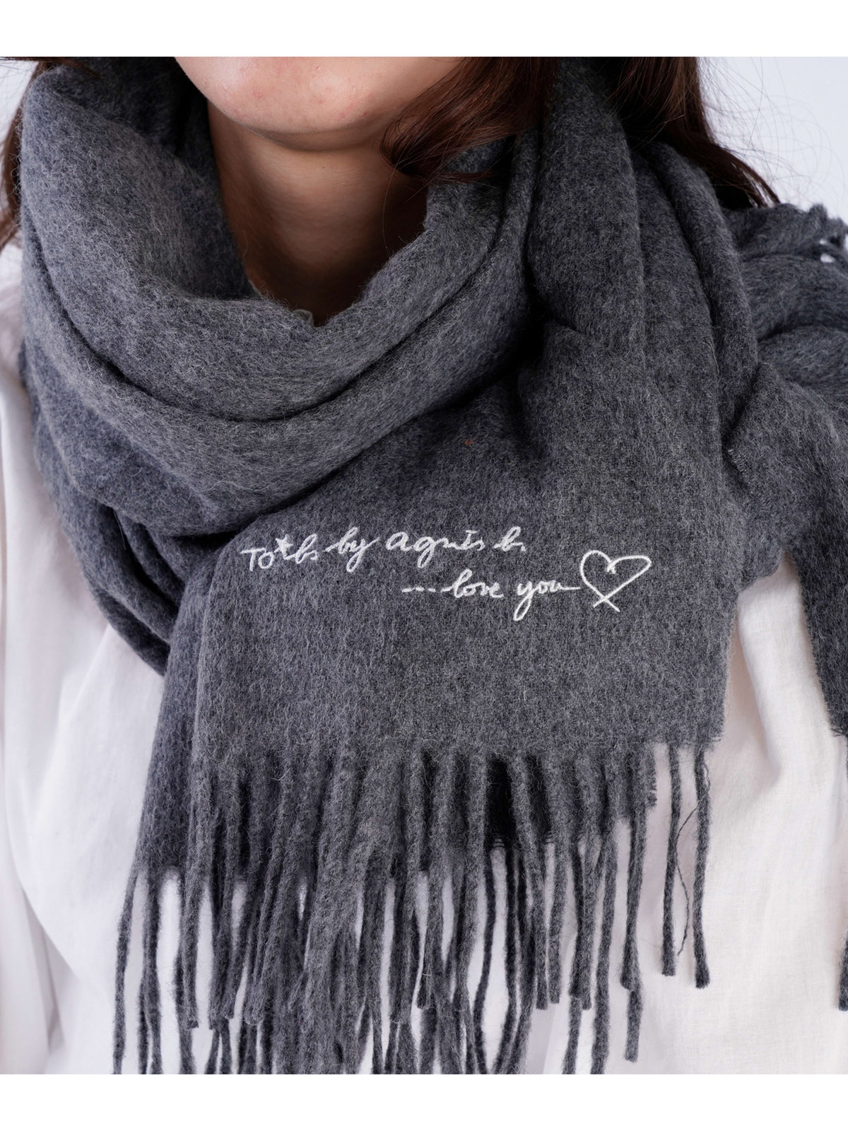 To b. by agnès b. ロゴ刺繍 ウール カシミア マフラー グレー