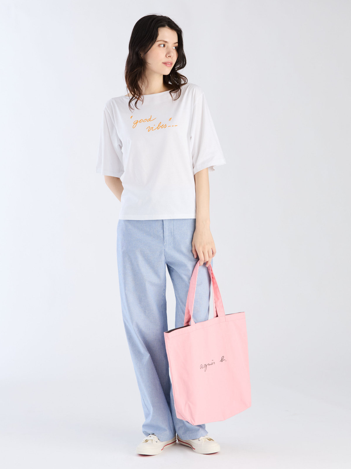 FEMME ウィメンズ 【Outlet】プリント オーガニックコットン ボートネック 5分袖Tシャツ "good vibes/ bad vibes" ホワイト