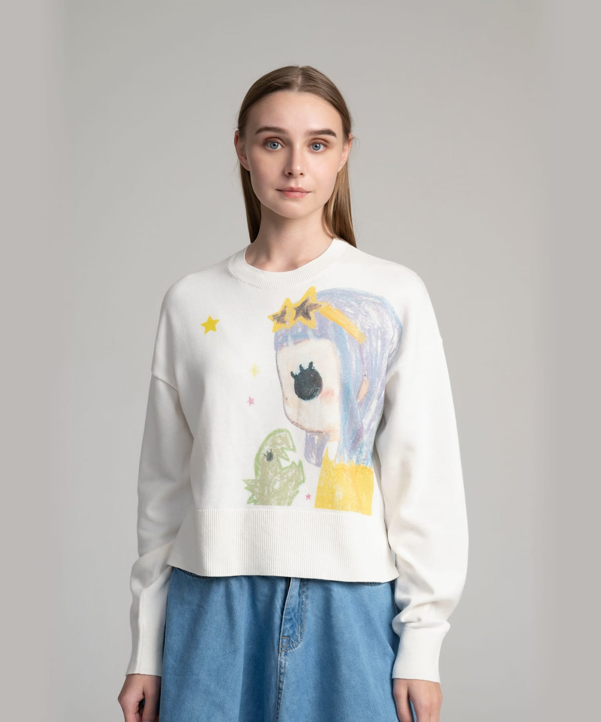 FEMME ウィメンズ SPORT b. プリント コットン 長袖 ニット プルオーバー "Jessica Ng" ホワイト