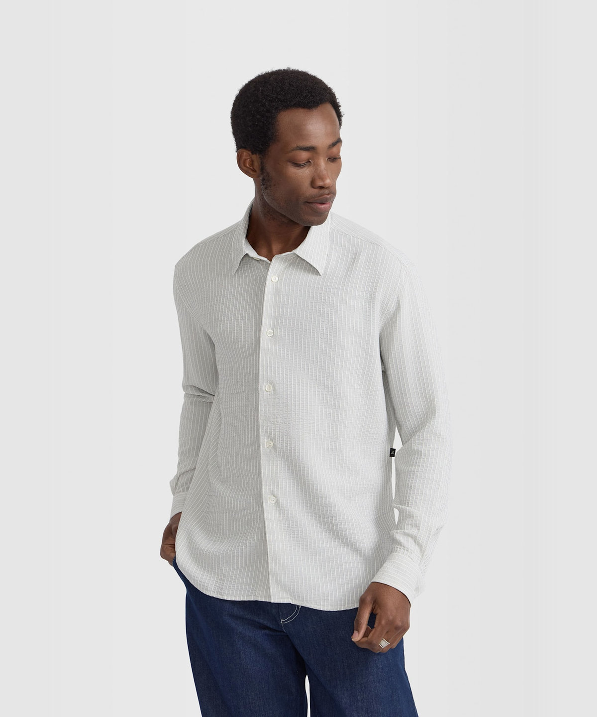 HOMME メンズ メンズ ストライプ コットン クレープボイル 長袖 シャツ "Andy" アイボリー