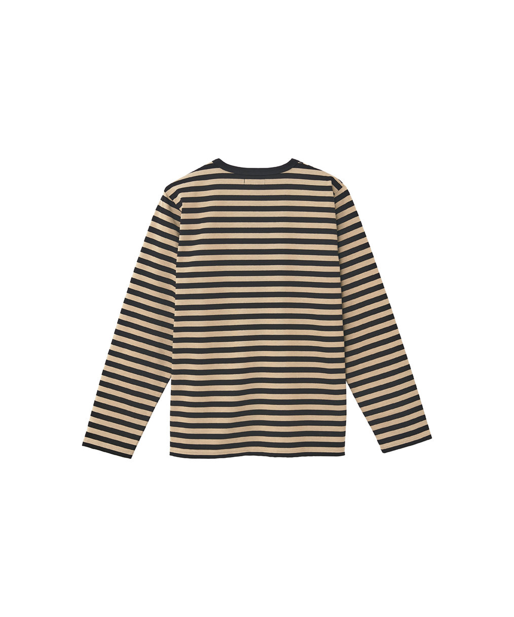 FEMME ウィメンズ 【by R 限定品】agnes b. 細ボーダーxストライプ コットン 長袖 Tシャツ "Haru" ベージュ×ブラック