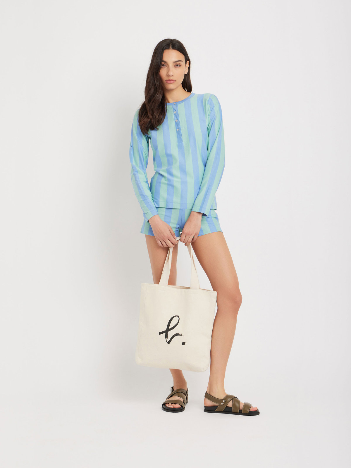 FEMME ウィメンズ ストライプ コットン ヘンリーネック 長袖Tシャツ ブルー系その他