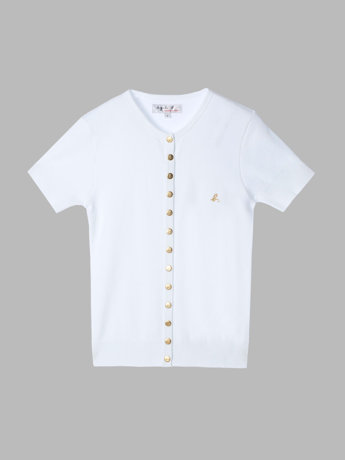 FEMME ウィメンズ "b."ロゴ刺繍 コットンニット 半袖 カーディガンプレッション "Swing" ホワイト