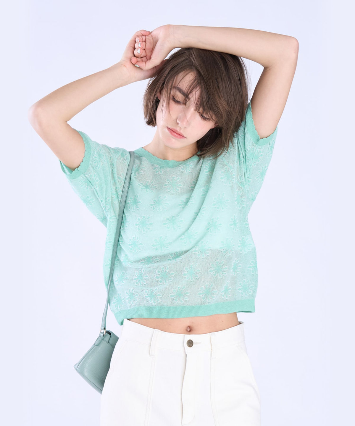 To b. by agnès b. シアー ジャカード 半袖 ニット プルオーバー グリーン系その他