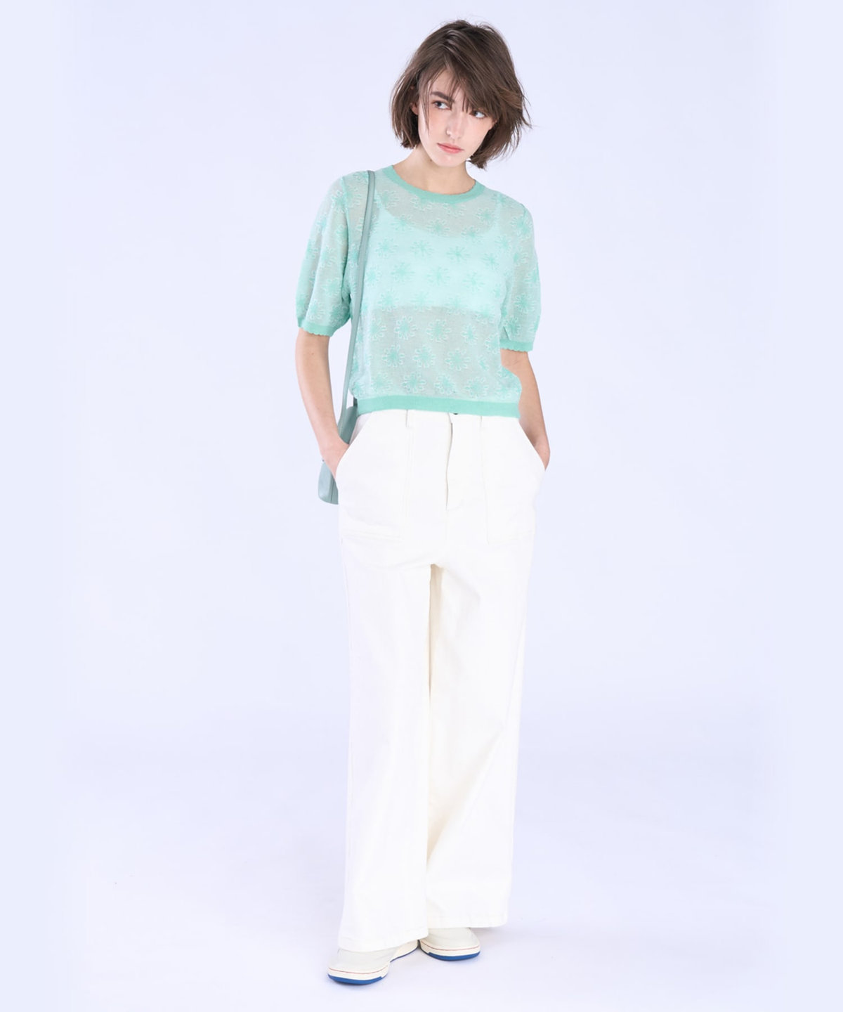 To b. by agnès b. シアー ジャカード 半袖 ニット プルオーバー グリーン系その他