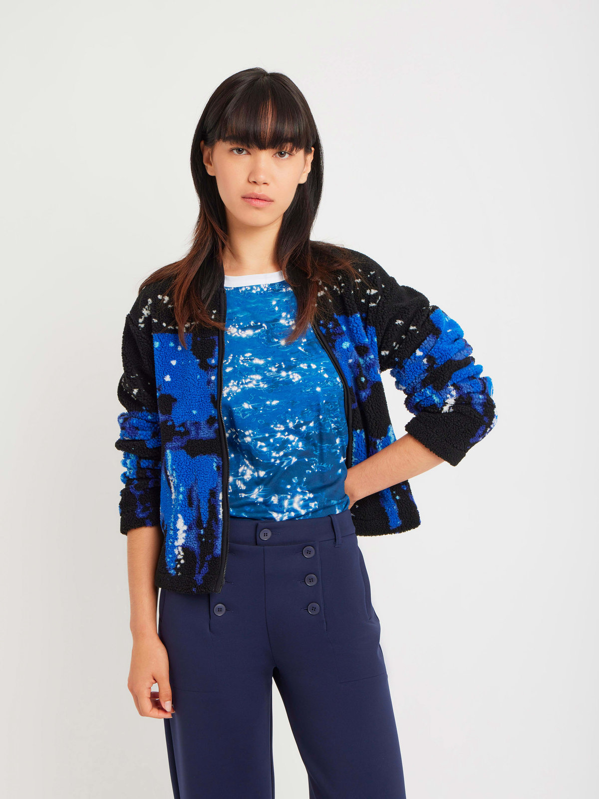 FEMME ウィメンズ フォトプリント コットン 長袖 Tシャツ ”Antibes” ブラック
