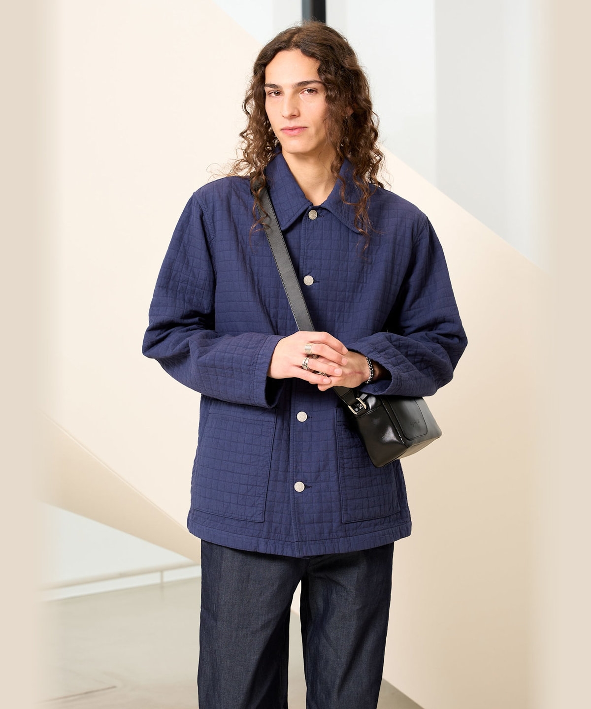 HOMME メンズ メンズ チェック コットン ワーク シャツジャケット "Aymerick" ネイビー