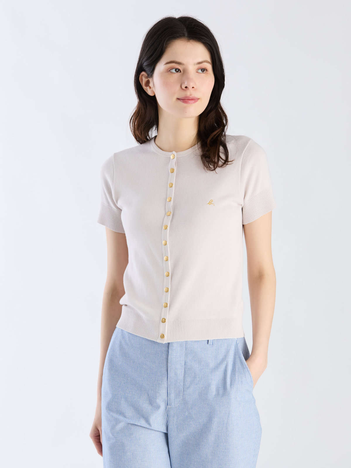 FEMME ウィメンズ "b."ロゴ刺繍 コットンニット 半袖 カーディガンプレッション "Swing" ベージュ系その他