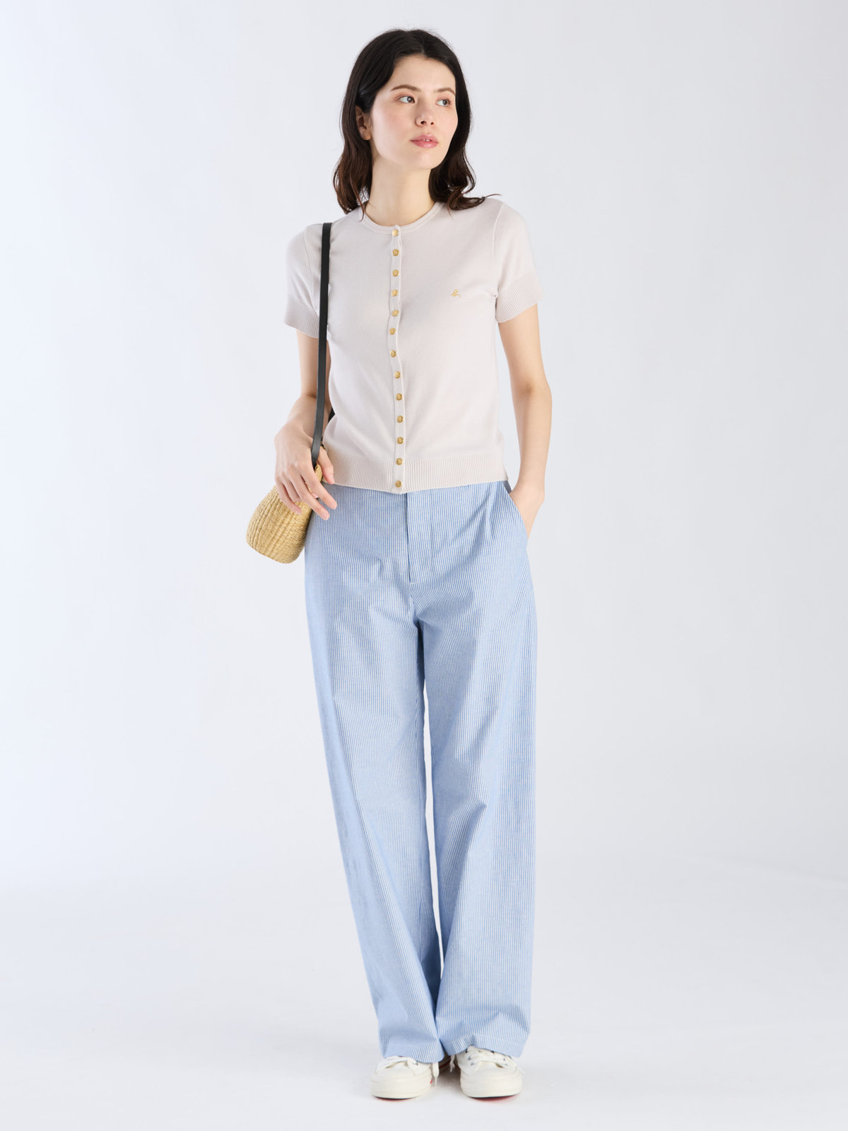 FEMME ウィメンズ "b."ロゴ刺繍 コットンニット 半袖 カーディガンプレッション "Swing" ベージュ系その他