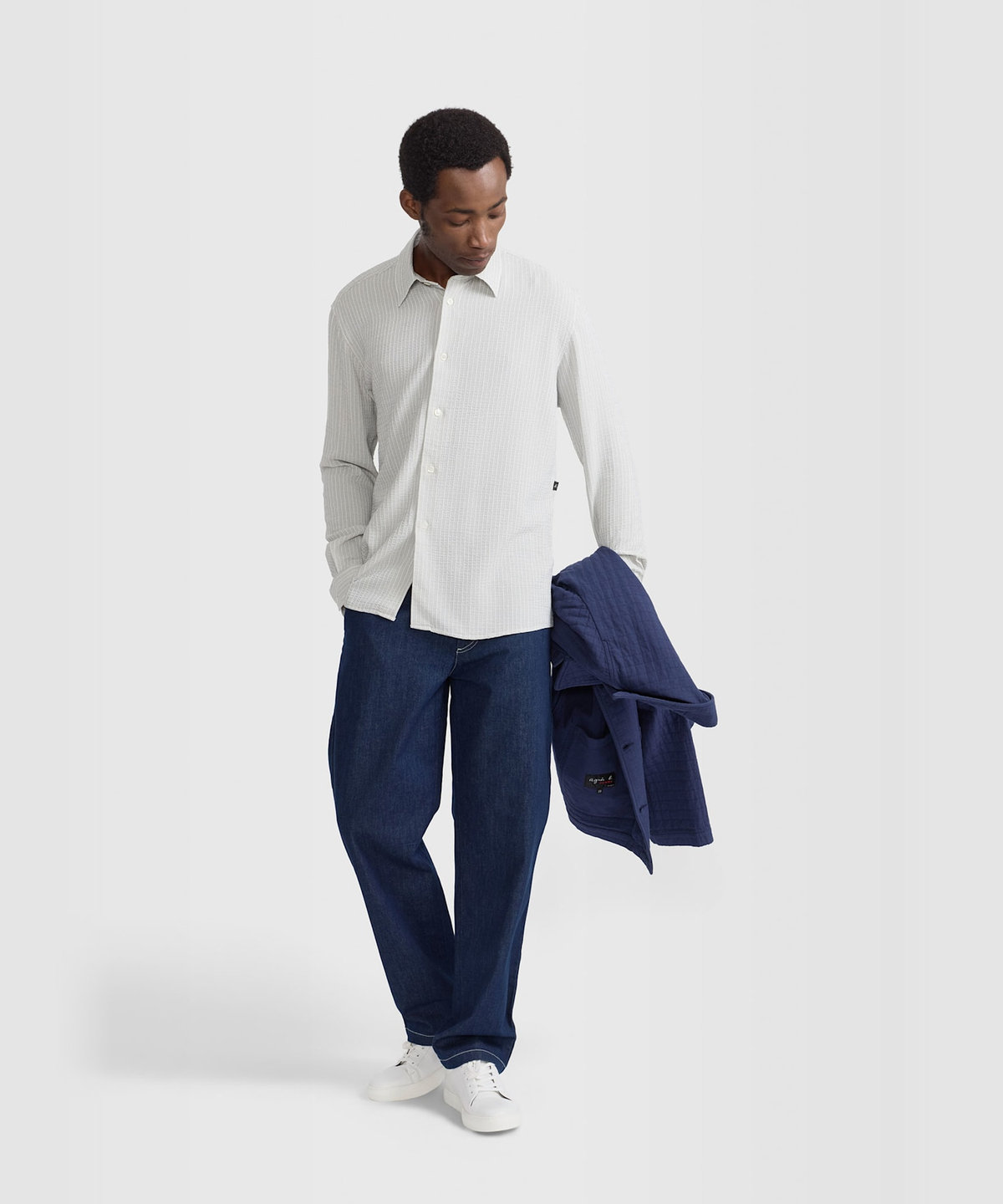 HOMME メンズ メンズ ストライプ コットン クレープボイル 長袖 シャツ "Andy" アイボリー