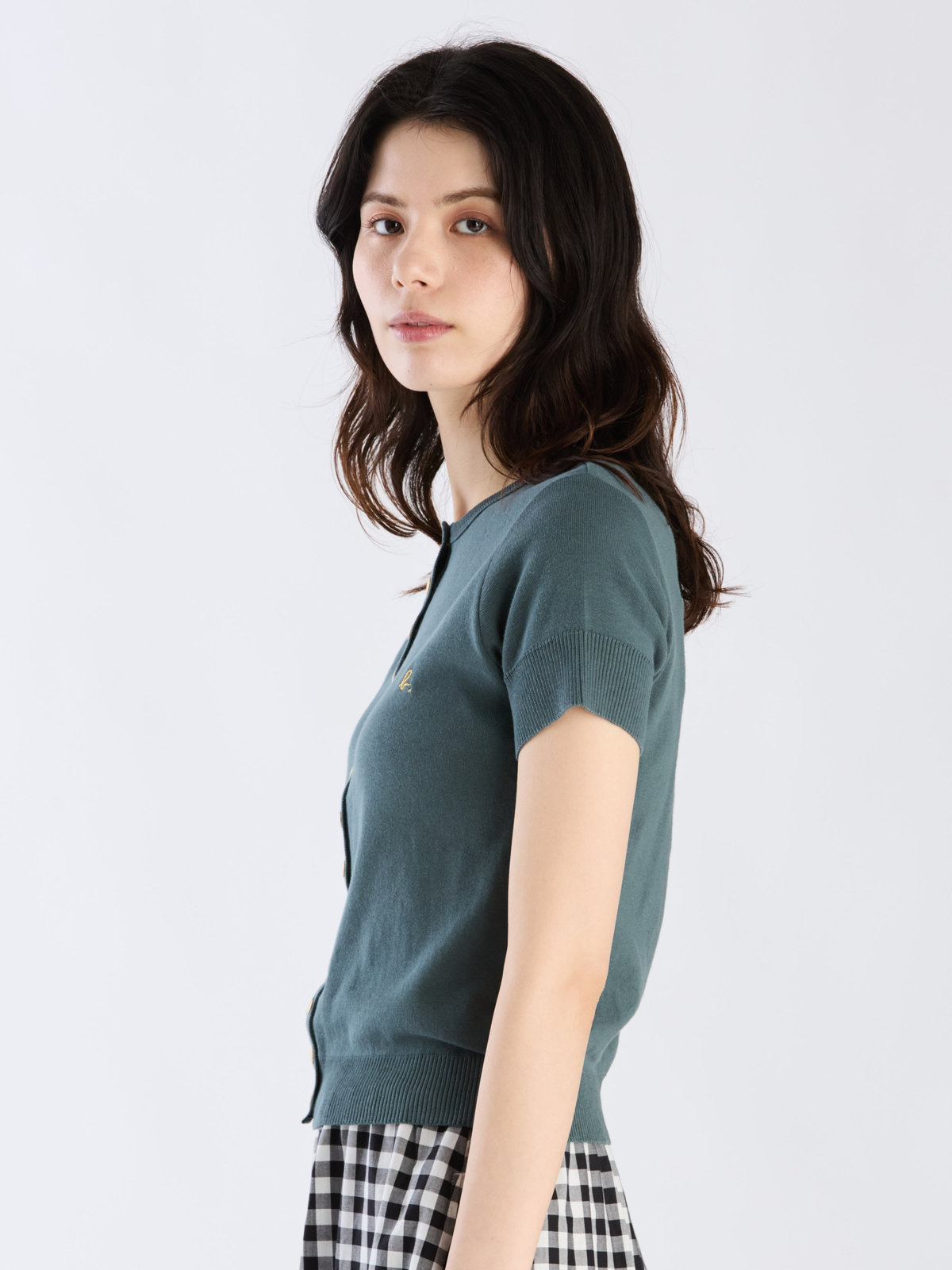 FEMME ウィメンズ "b."ロゴ刺繍 コットンニット 半袖 カーディガンプレッション "Swing" グリーン