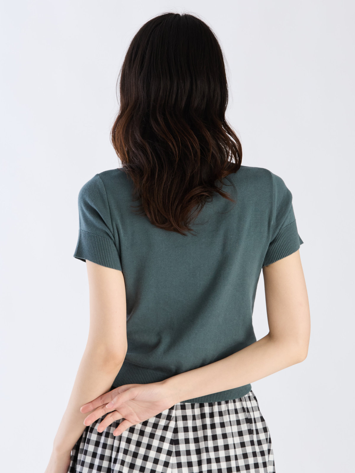 FEMME ウィメンズ "b."ロゴ刺繍 コットンニット 半袖 カーディガンプレッション "Swing" グリーン