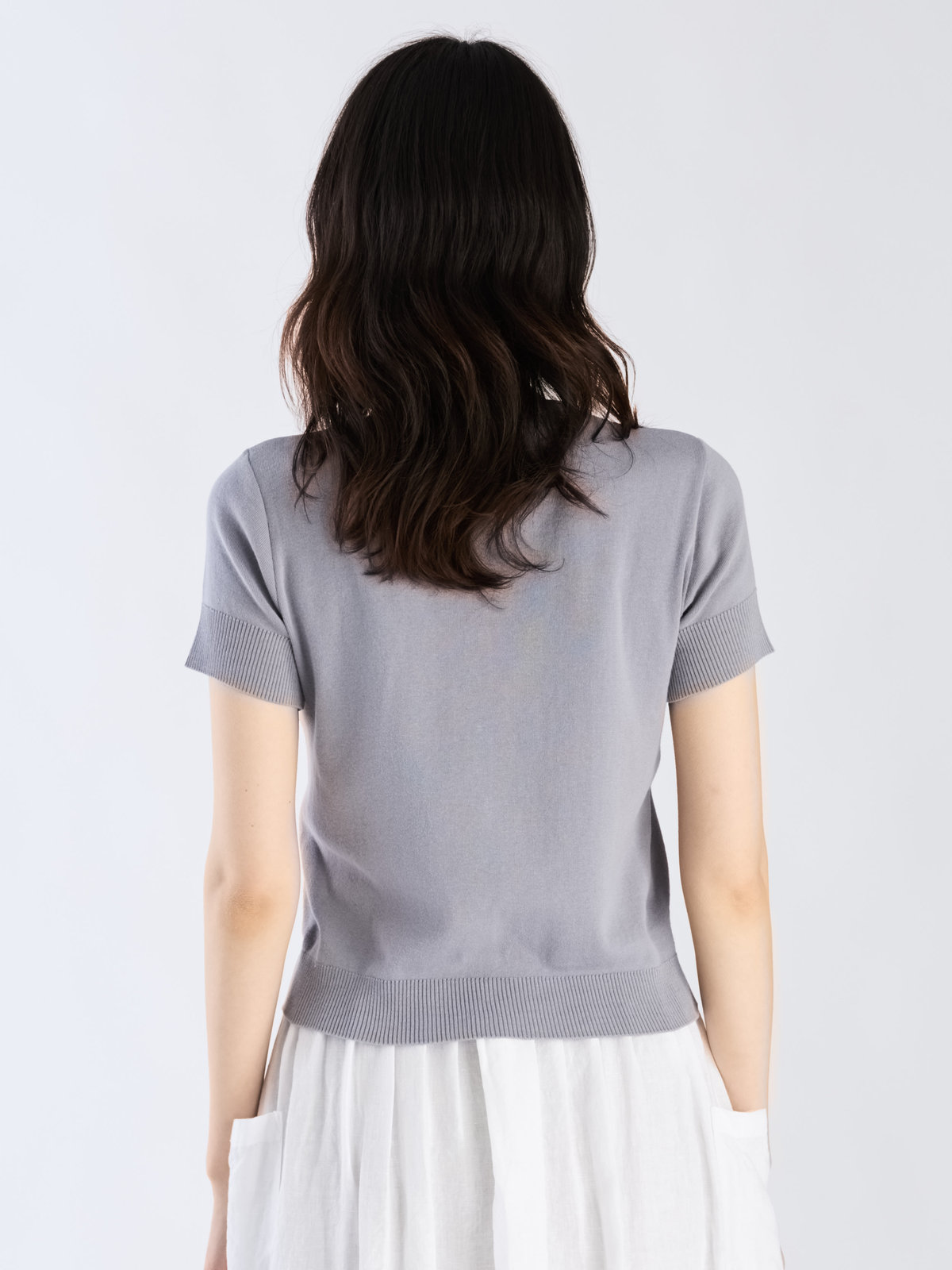 FEMME ウィメンズ "b."ロゴ刺繍 コットンニット 半袖 カーディガンプレッション "Swing" グレー