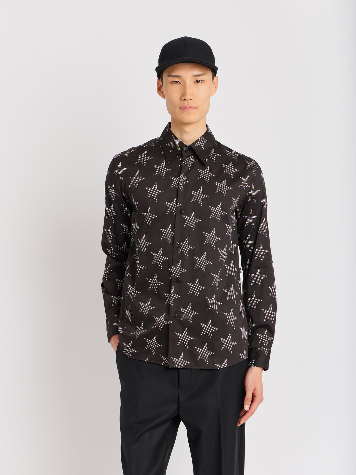 HOMME メンズ メンズ スタープリント コットン 長袖 シャツ ”Jimi” ブラック