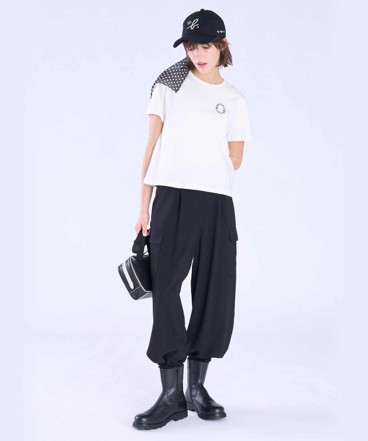 To b. by agnès b. メッセージ 刺繍 コットン 半袖 Tシャツ "Bonheur" ホワイト