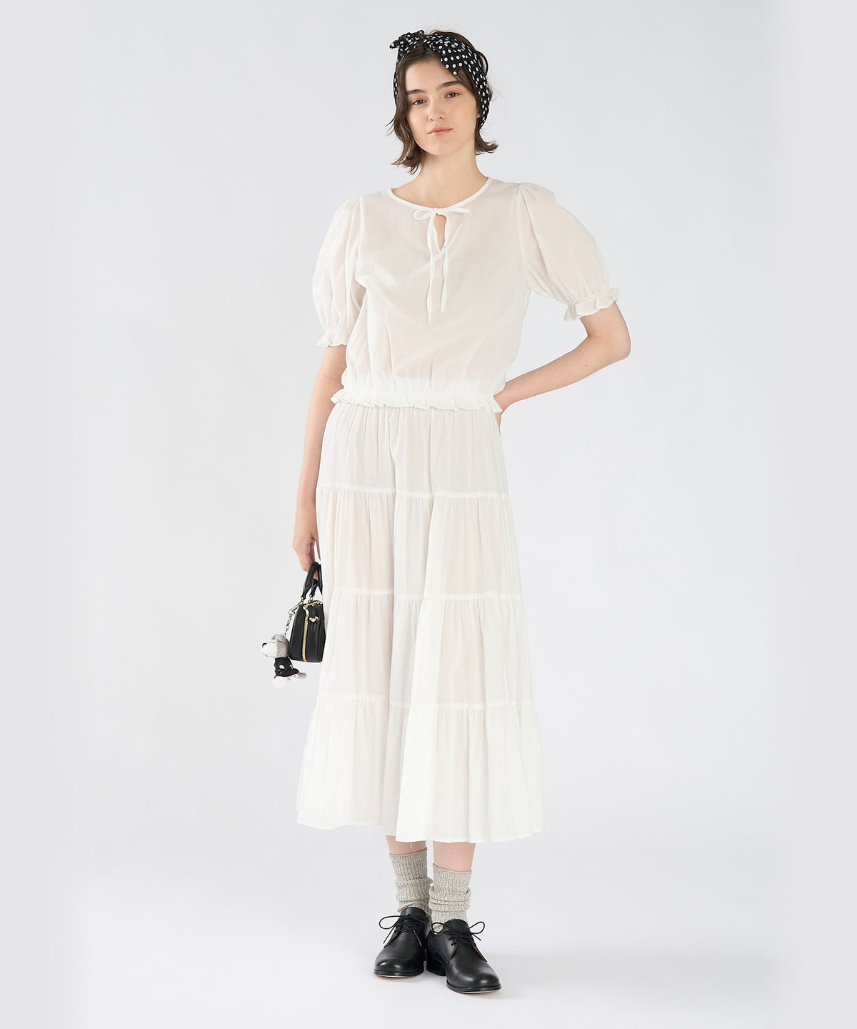 To b. by agnès b. コットン シフォン パフィー 半袖 ブラウス ホワイト