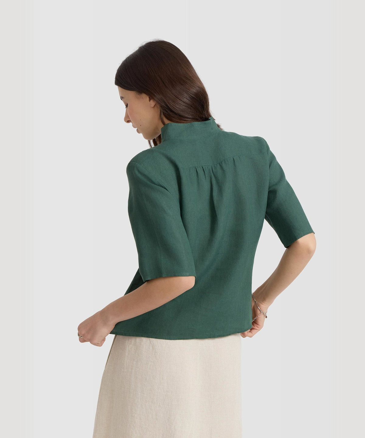 FEMME ウィメンズ リネン キャンバス スタンドカラー 半袖 シャツ "Ginette" グリーン