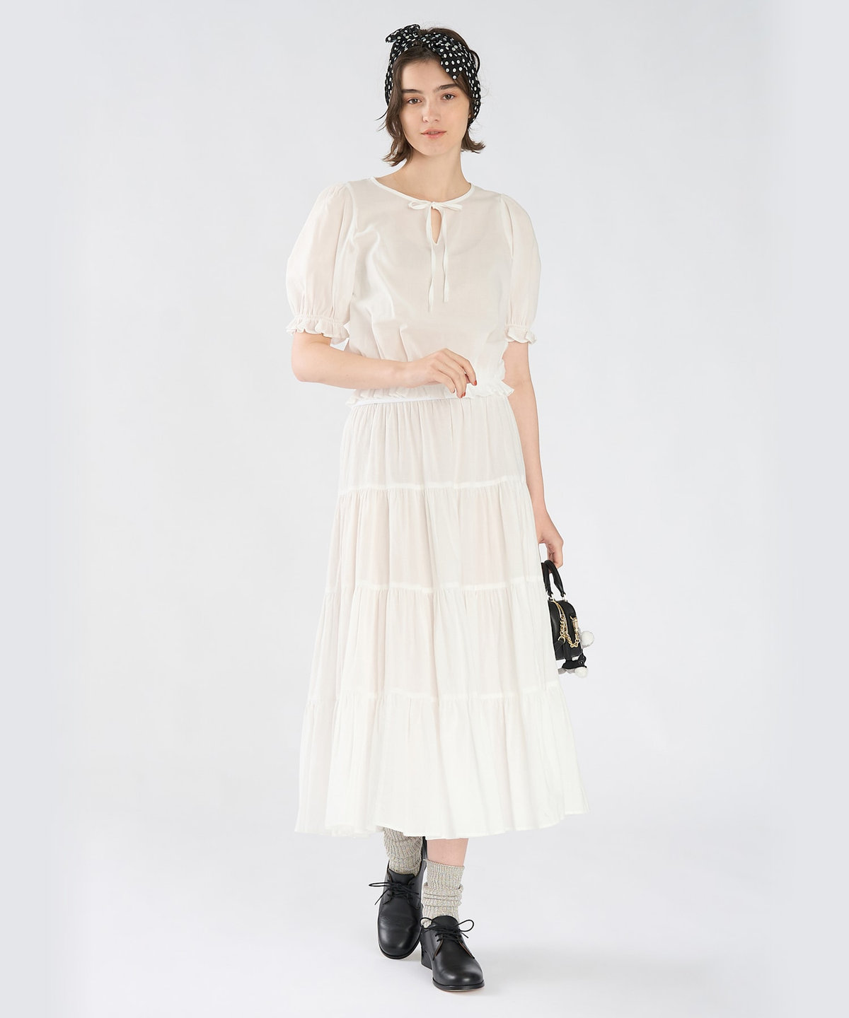 To b. by agnès b. コットン シフォン パフィー 半袖 ブラウス ホワイト