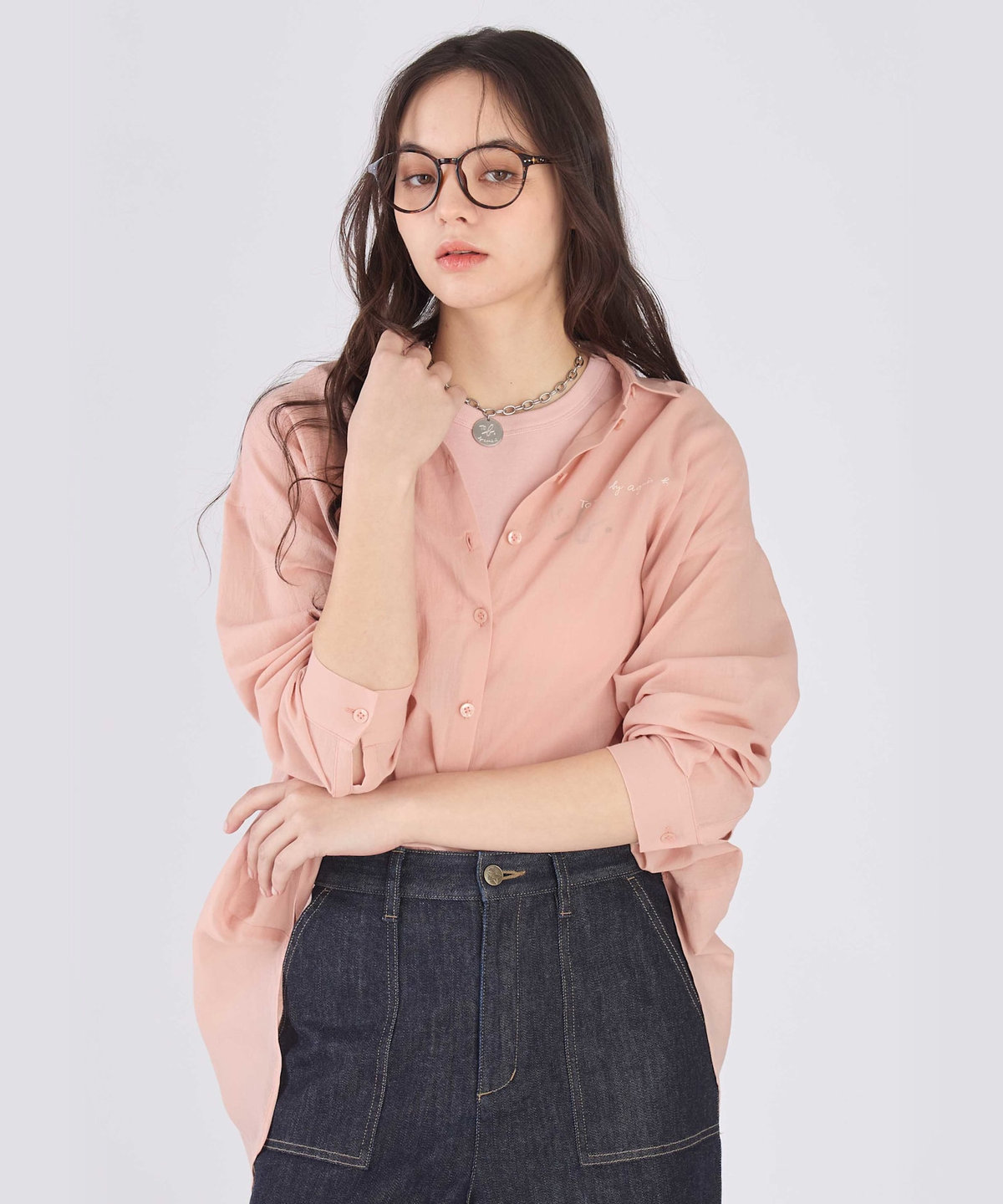 To b. by agnès b. コットン ロングスリーブ ボーイズシャツ ピンク