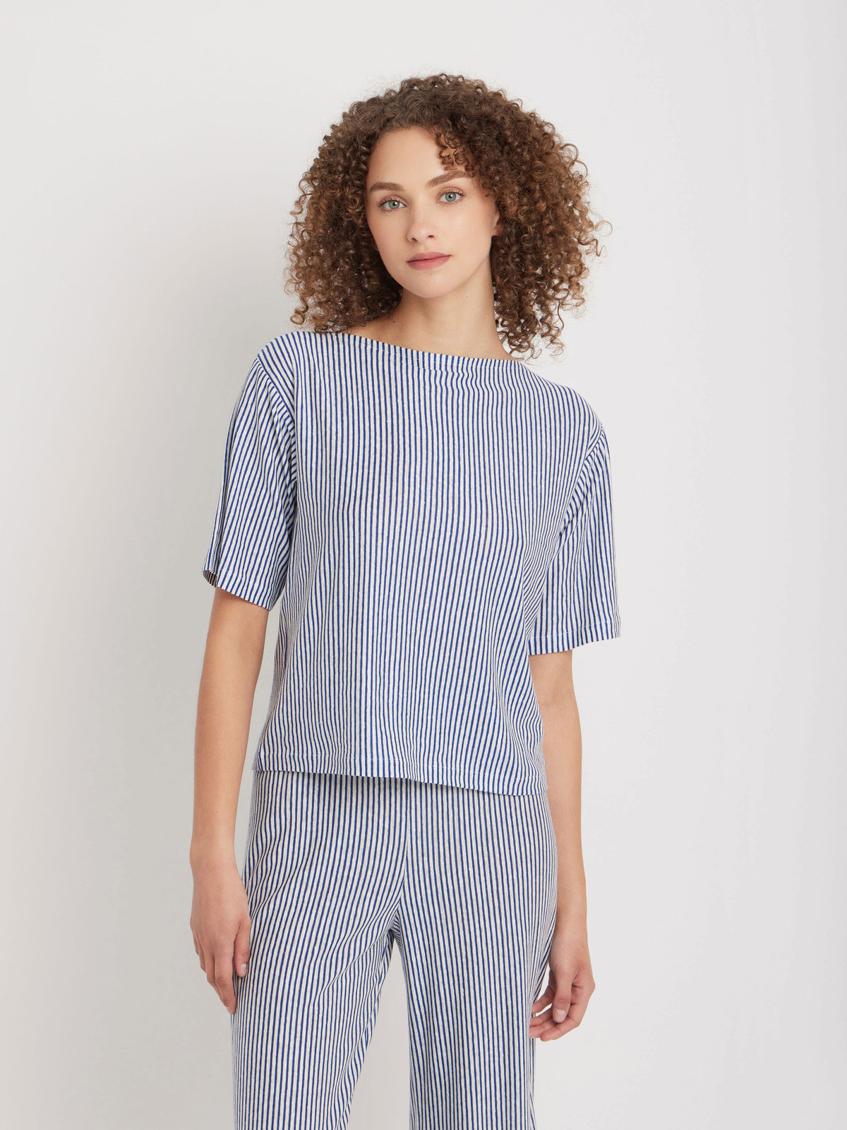 FEMME ウィメンズ ストライプ リネン ボートネック 5分袖 Tシャツ "Ocean" ブルー系その他