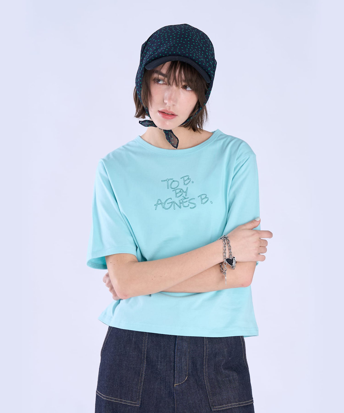 To b. by agnès b. ロゴ 刺繍 コットン 半袖 Tシャツ ブルー