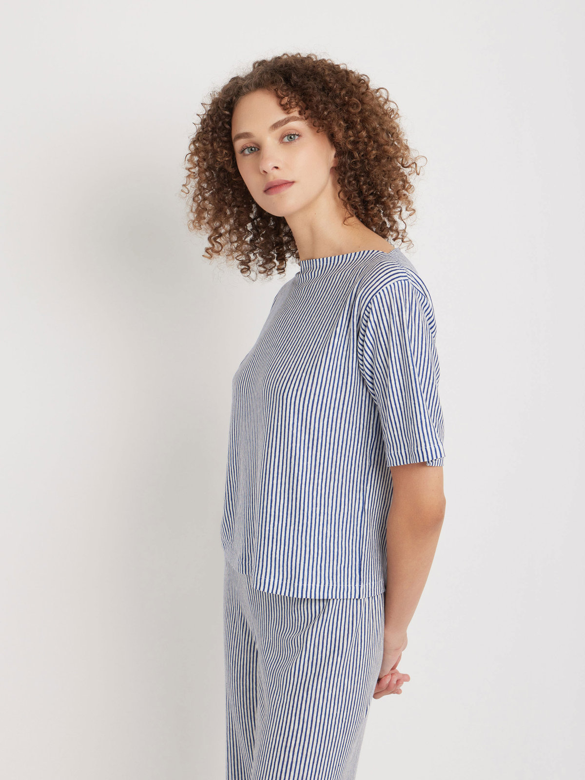 FEMME ウィメンズ ストライプ リネン ボートネック 5分袖 Tシャツ "Ocean" ブルー系その他