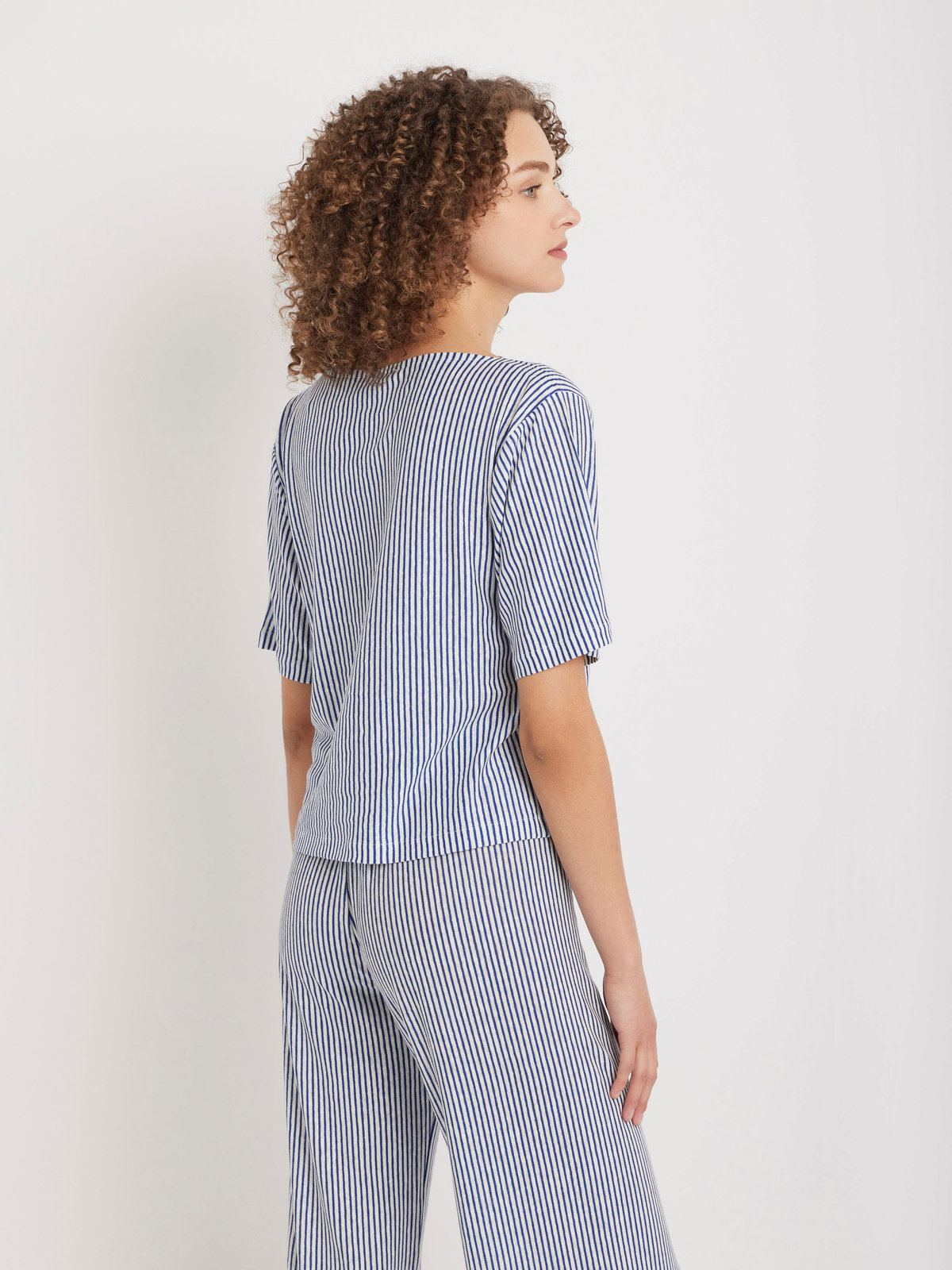 FEMME ウィメンズ ストライプ リネン ボートネック 5分袖 Tシャツ "Ocean" ブルー系その他