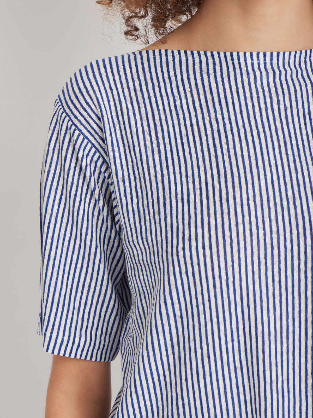 FEMME ウィメンズ ストライプ リネン ボートネック 5分袖 Tシャツ "Ocean" ブルー系その他