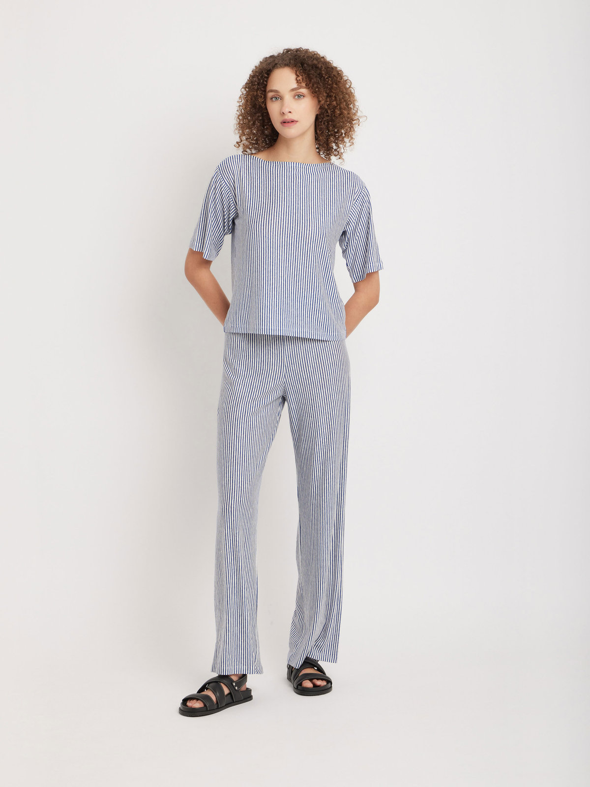 FEMME ウィメンズ ストライプ リネン ボートネック 5分袖 Tシャツ "Ocean" ブルー系その他