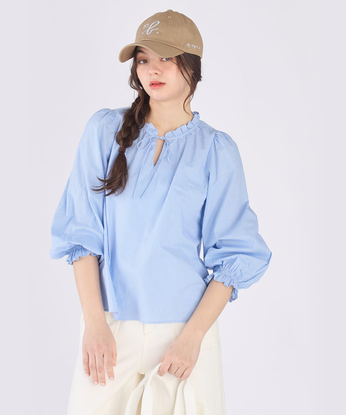 To b. by agnès b. ギンガムチェック コットン フリル 長袖 ブラウス ブルー
