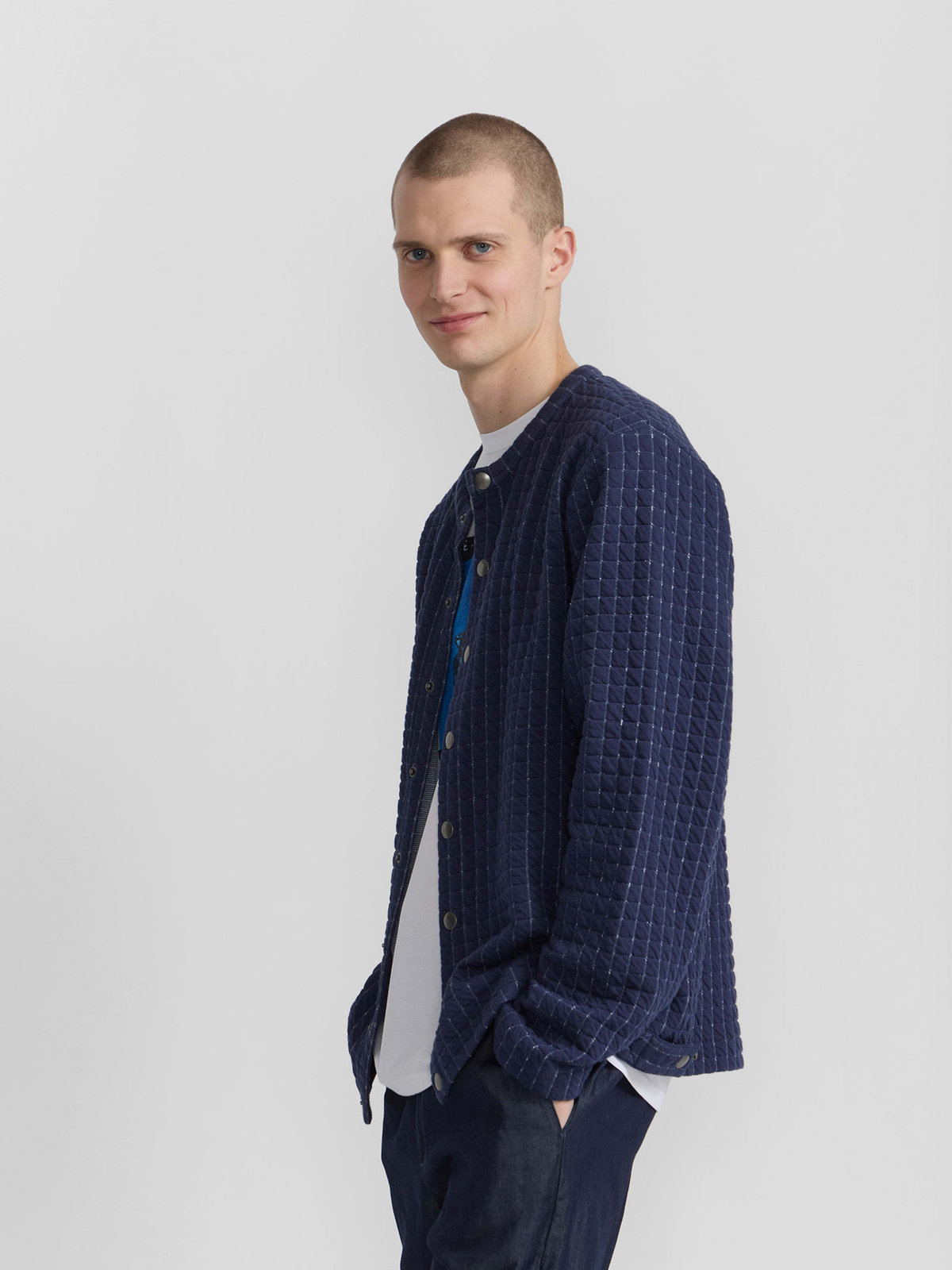 HOMME メンズ メンズ キルティング風 コットン カーディガンプレッション ネイビー