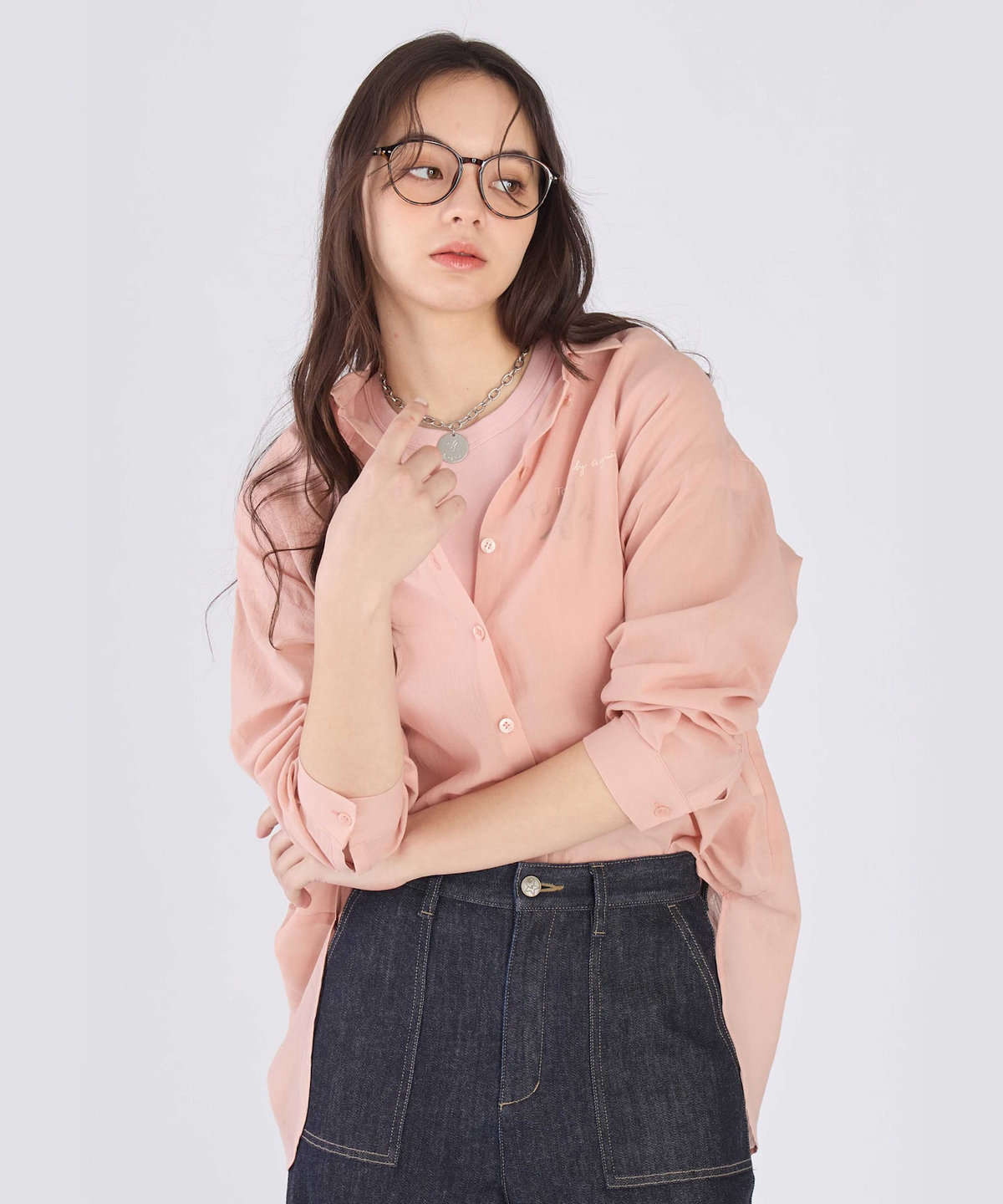 To b. by agnès b. コットン ロングスリーブ ボーイズシャツ ピンク