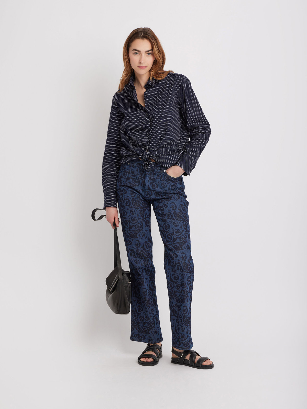 FEMME ウィメンズ ピンドット コットン 長袖 シャツ "Saori" ネイビー