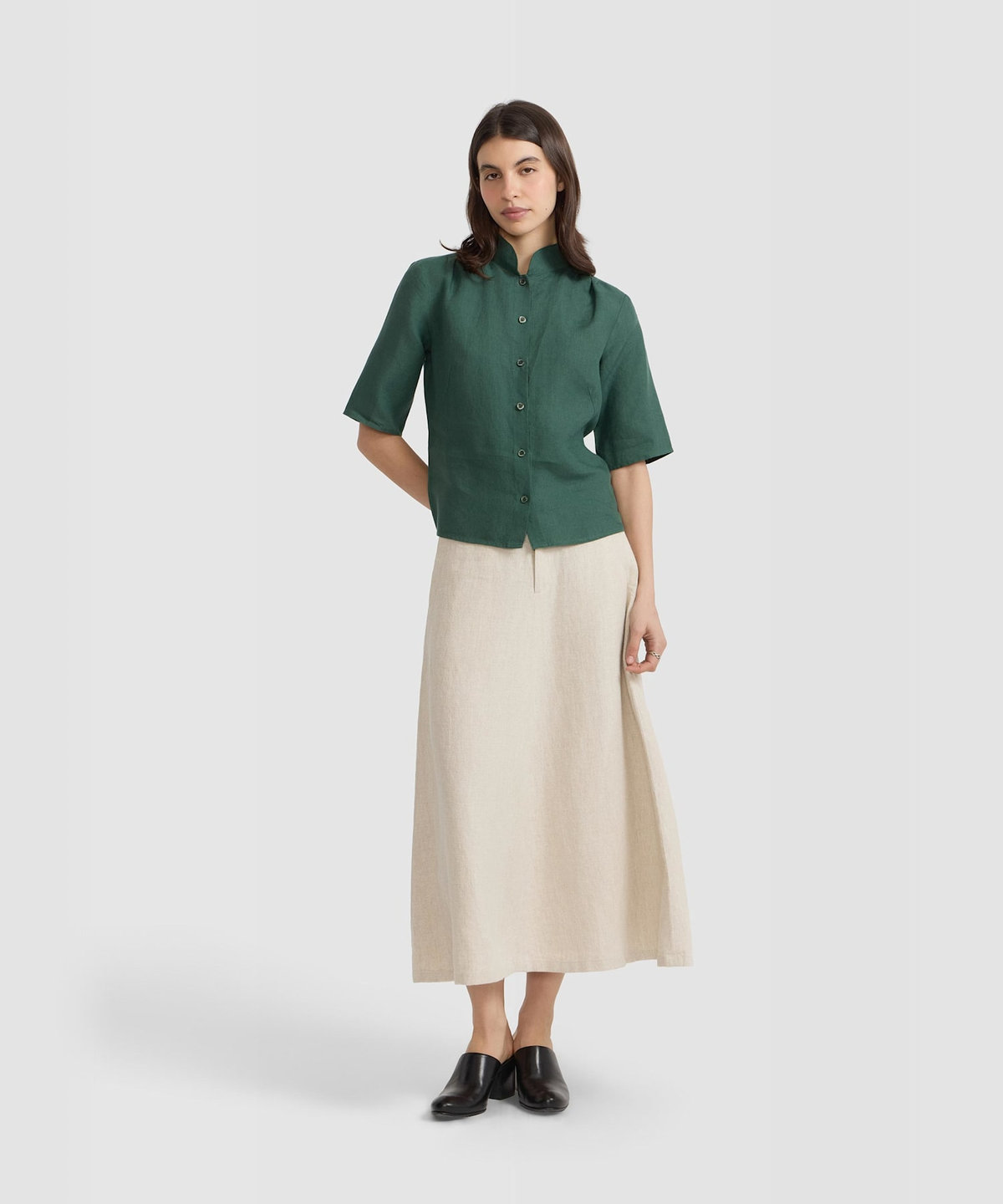 FEMME ウィメンズ リネン キャンバス スタンドカラー 半袖 シャツ "Ginette" グリーン