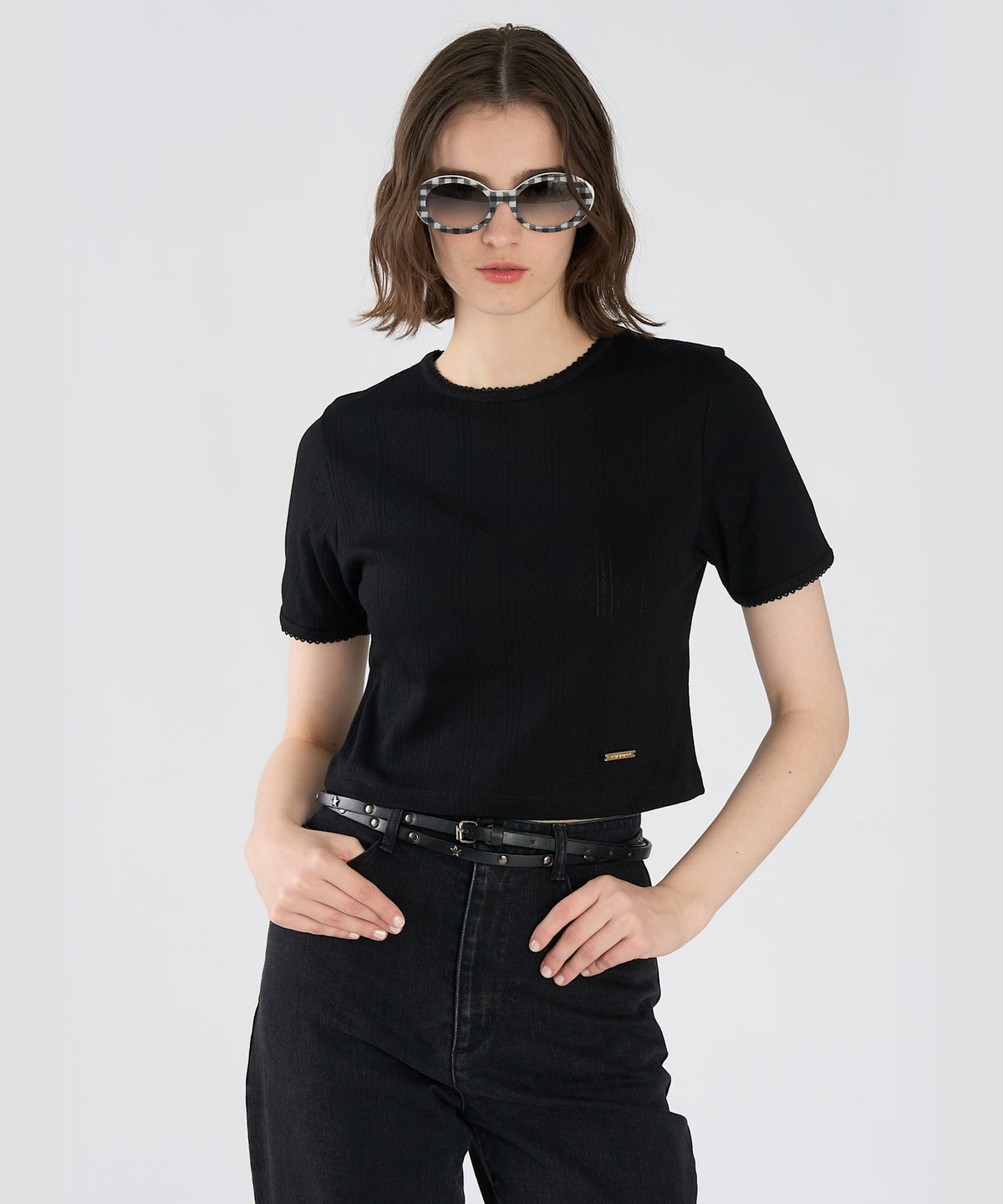 To b. by agnès b. アイレット コットン ジャージー コンパクト 半袖 Tシャツ ブラック