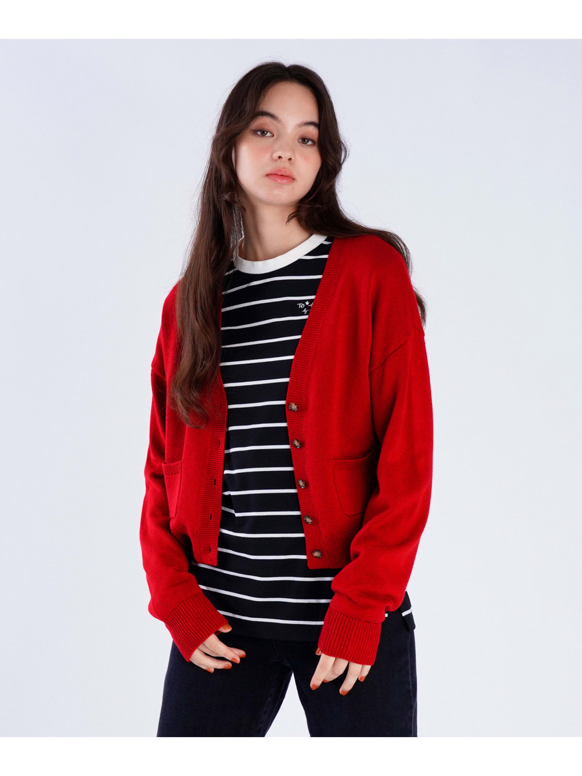 To b. by agnès b. 【Outlet】コットン Vネック ニット カーディガン ボルドー