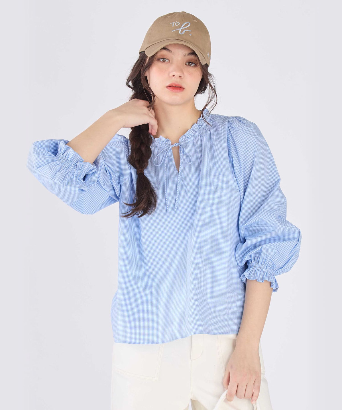 To b. by agnès b. ギンガムチェック コットン フリル 長袖 ブラウス ブルー