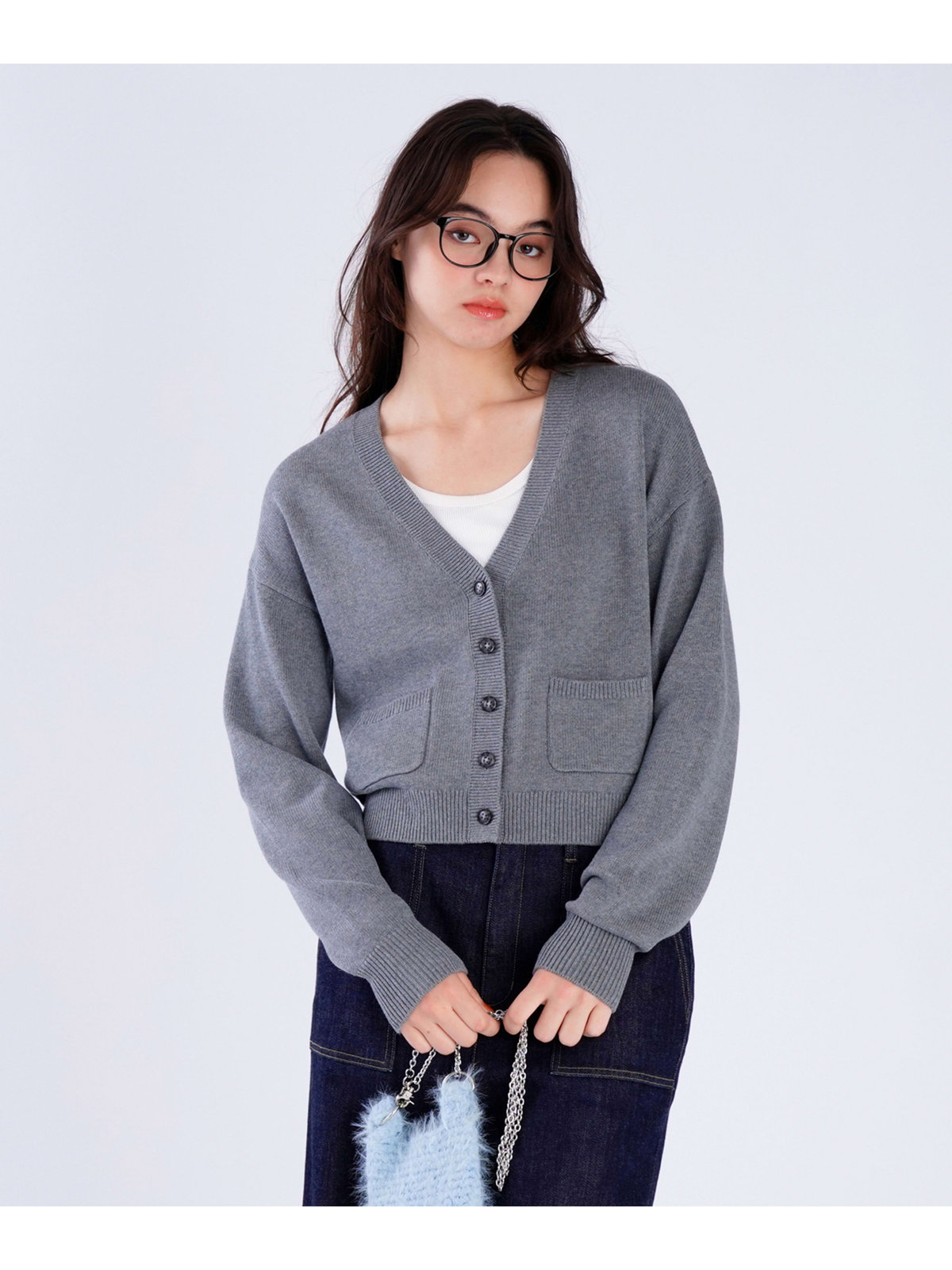 To b. by agnès b. 【Outlet】コットン Vネック ニット カーディガン グレー