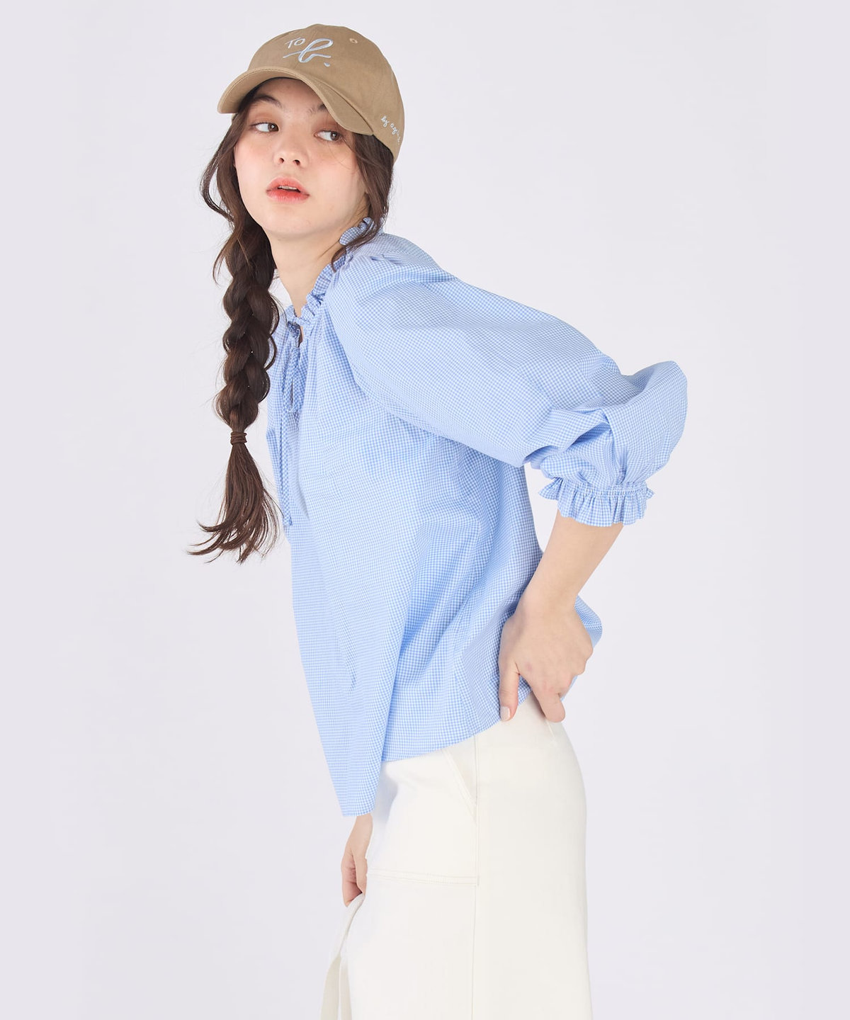 To b. by agnès b. ギンガムチェック コットン フリル 長袖 ブラウス ブルー